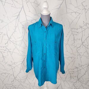 Karuba Turquoise Blue 100% Silk Button Front Shirt